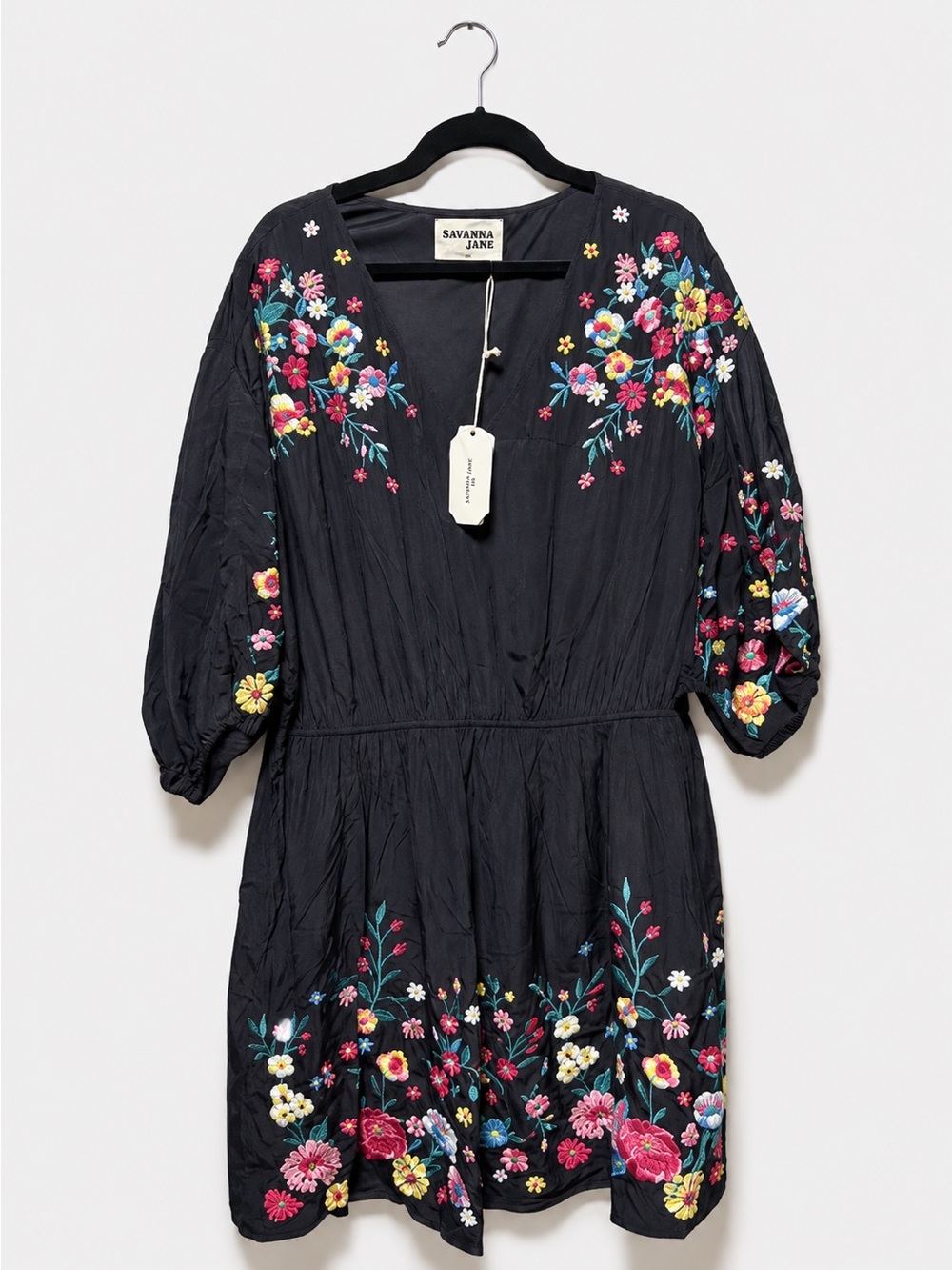 Savanna Jane Black Mini Dress with Multicolor Floral Embroidery